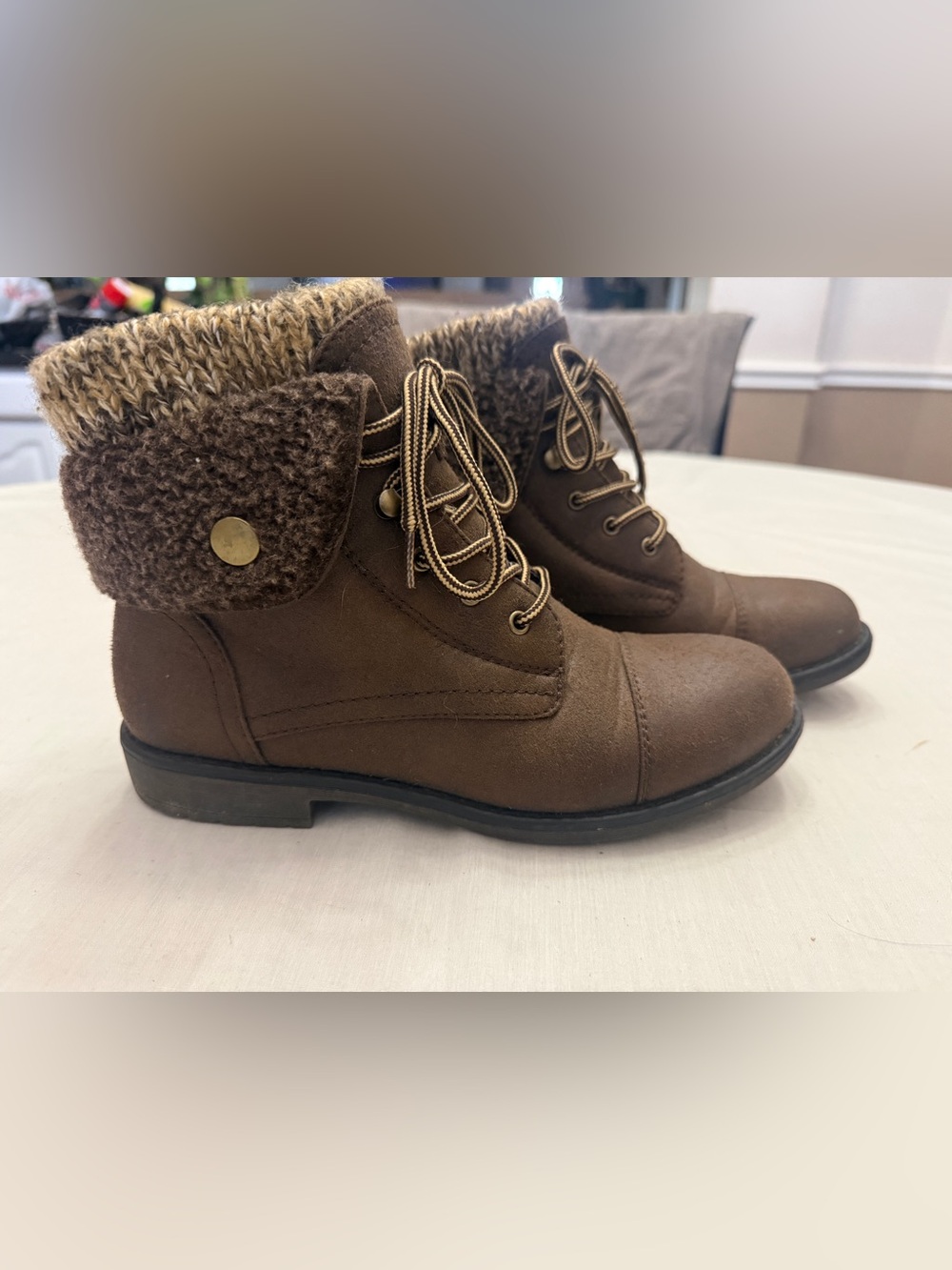 Cliffs by WHITE MOUNTAIN Brown Lace-Up Faux Suede Ankle Boots with Knit Cuff
